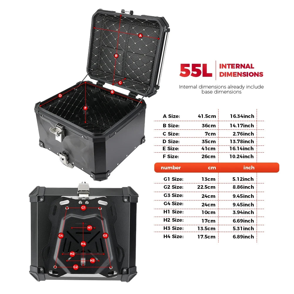 45/55/65L Aluminum Motorcycle Trunk Box Waterproof Top Box Tail Box Trunk Carrier Universal Motorbike Storage Tail Box Luggage