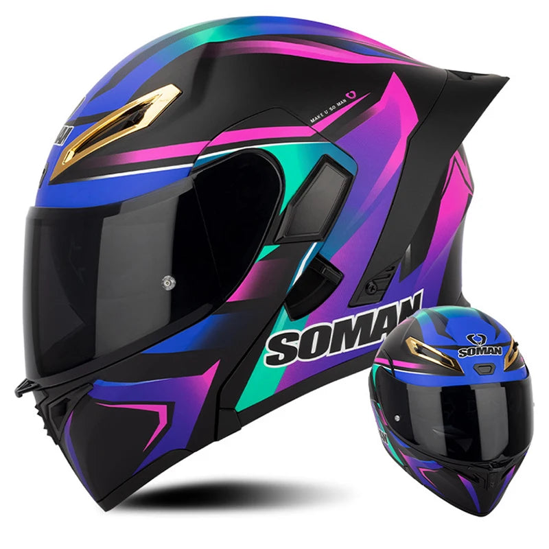 DOT Approved Men Motorcycle Helmet Dual Lens Flip Up Helmets Vintage Retro Full Face Moto Helmet Double Lens Modular Helm
