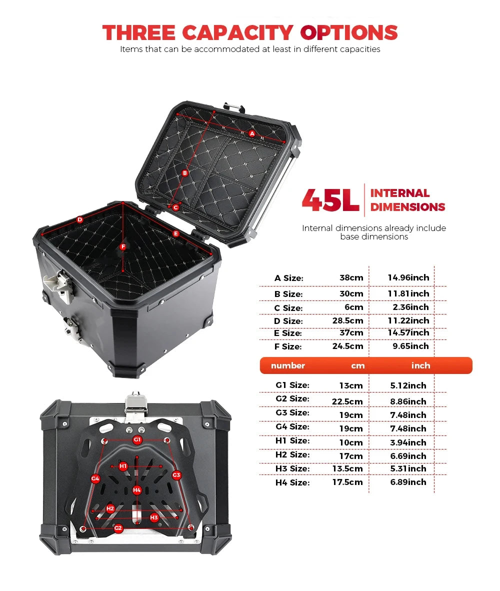 45/55/65L Aluminum Motorcycle Trunk Box Waterproof Top Box Tail Box Trunk Carrier Universal Motorbike Storage Tail Box Luggage