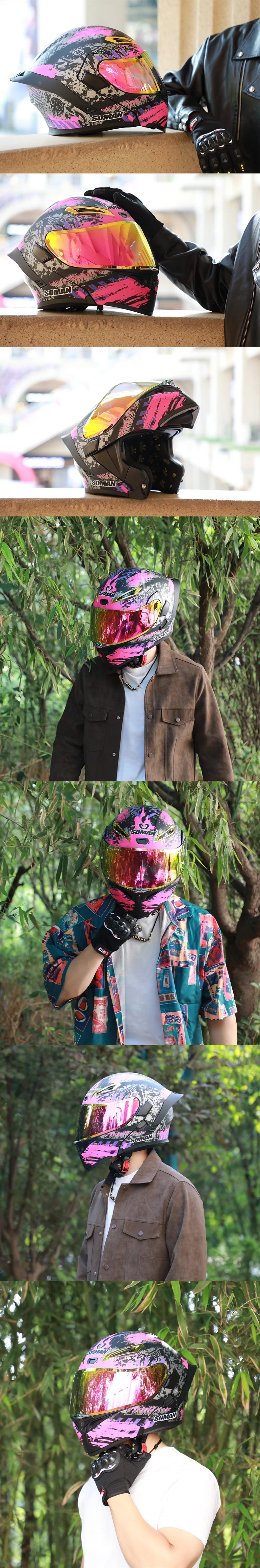 DOT Approved Men Motorcycle Helmet Dual Lens Flip Up Helmets Vintage Retro Full Face Moto Helmet Double Lens Modular Helm