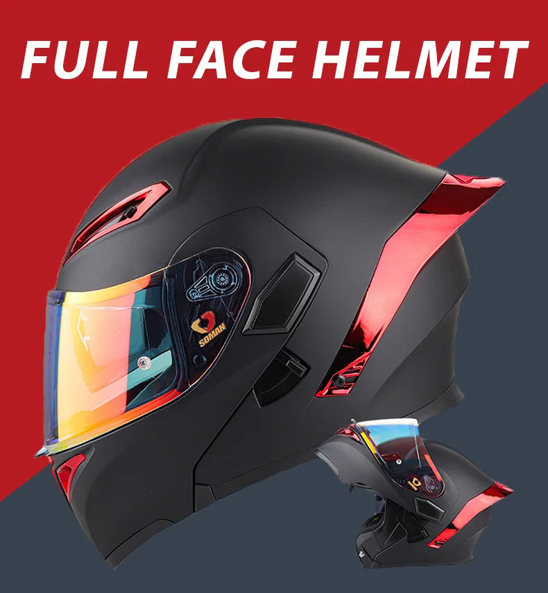 DOT Approved Men Motorcycle Helmet Dual Lens Flip Up Helmets Vintage Retro Full Face Moto Helmet Double Lens Modular Helm