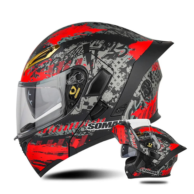 DOT Approved Men Motorcycle Helmet Dual Lens Flip Up Helmets Vintage Retro Full Face Moto Helmet Double Lens Modular Helm