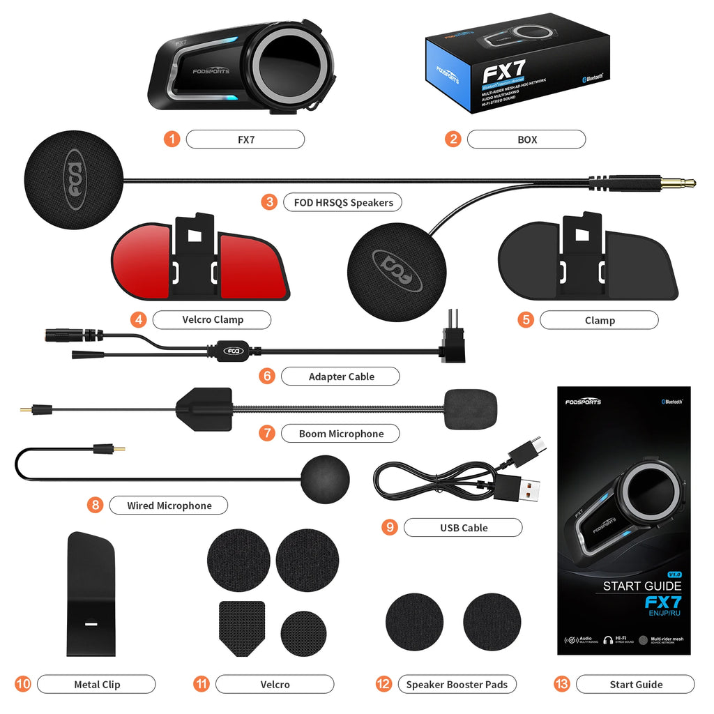 Fodsports FX7 Motorcycle Helmet Intercom Mesh Bluetooth Helmet Headset Moto Interphone,10 Rider 2000M,FM Radio,BT5.4