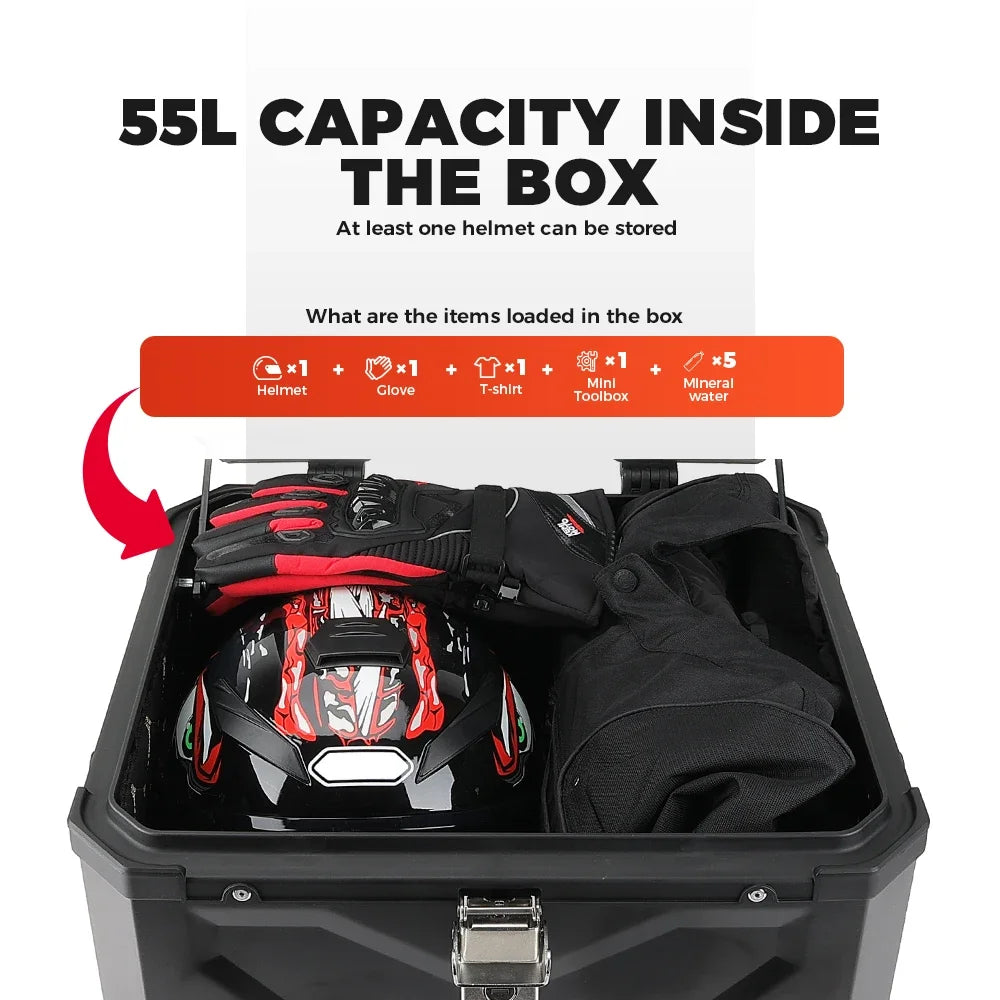 45/55/65L Aluminum Motorcycle Trunk Box Waterproof Top Box Tail Box Trunk Carrier Universal Motorbike Storage Tail Box Luggage