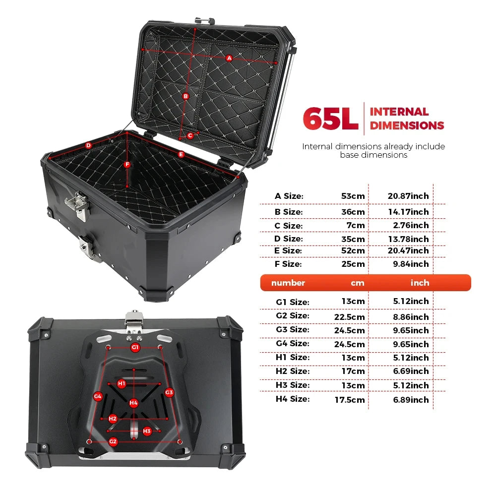 45/55/65L Aluminum Motorcycle Trunk Box Waterproof Top Box Tail Box Trunk Carrier Universal Motorbike Storage Tail Box Luggage