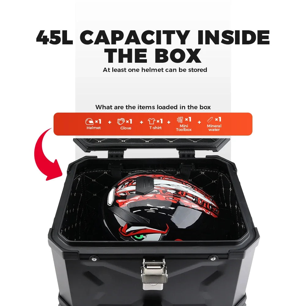 45/55/65L Aluminum Motorcycle Trunk Box Waterproof Top Box Tail Box Trunk Carrier Universal Motorbike Storage Tail Box Luggage
